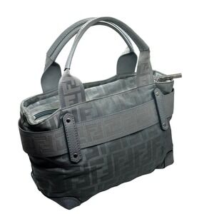 Vintage‎ Rare Fendi Zucca FF Handbag Light Blue Canvas Belted Tote Silver Y2K